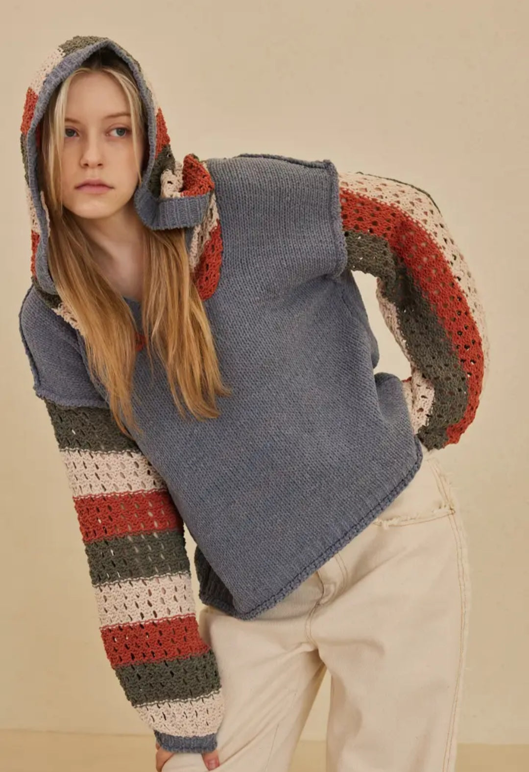 Hooded Stripe Crochet Detailed Sweater