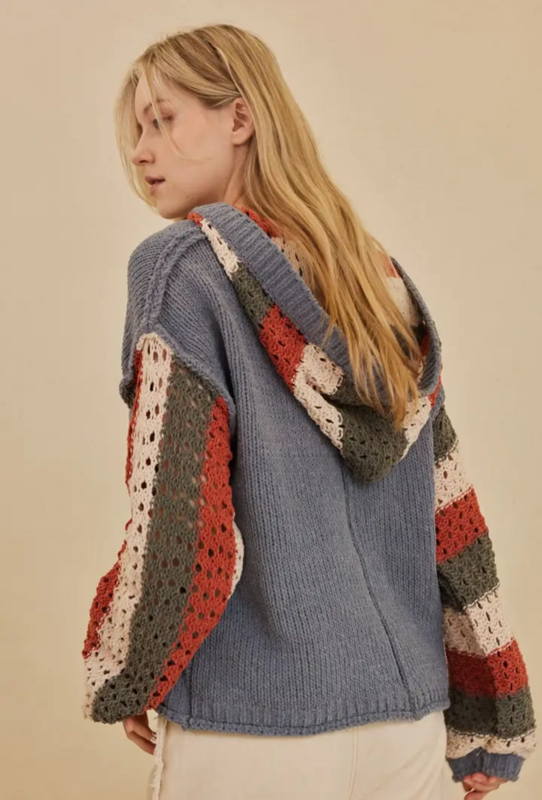Hooded Stripe Crochet Detailed Sweater