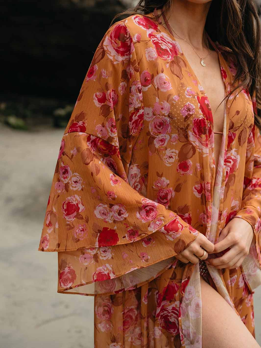 WOMEN'S RUFFLE SLEEVE OPEN FRONT FLORAL KIMONO