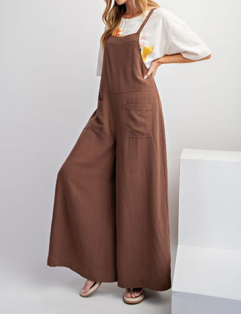 TEXTURED LINEN WIDE LEG JUMPSUITS/OVERALLS