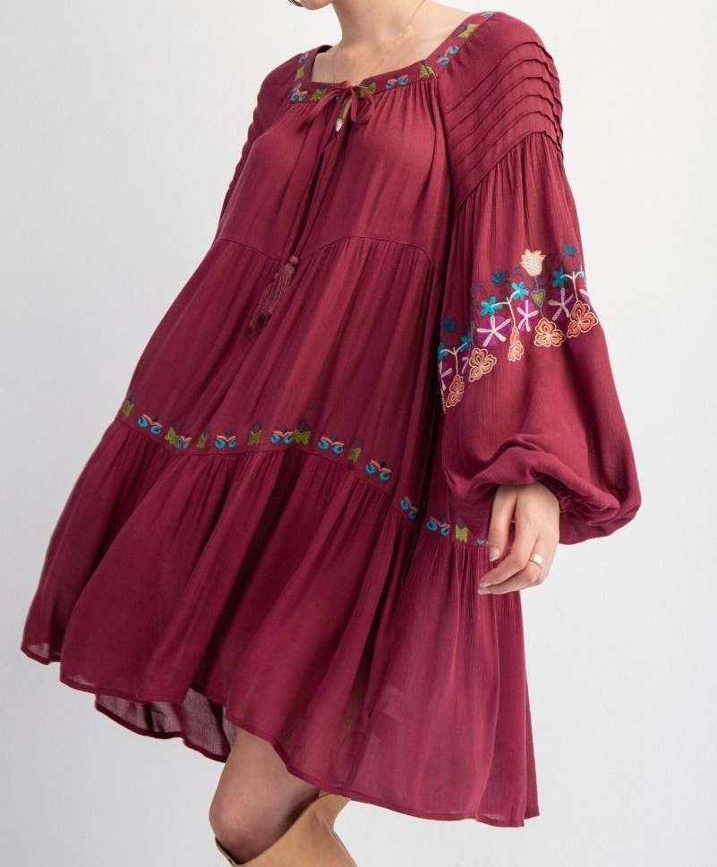 EMBROIDERY DETAILING RAYON GAUZE WOVEN DRESS