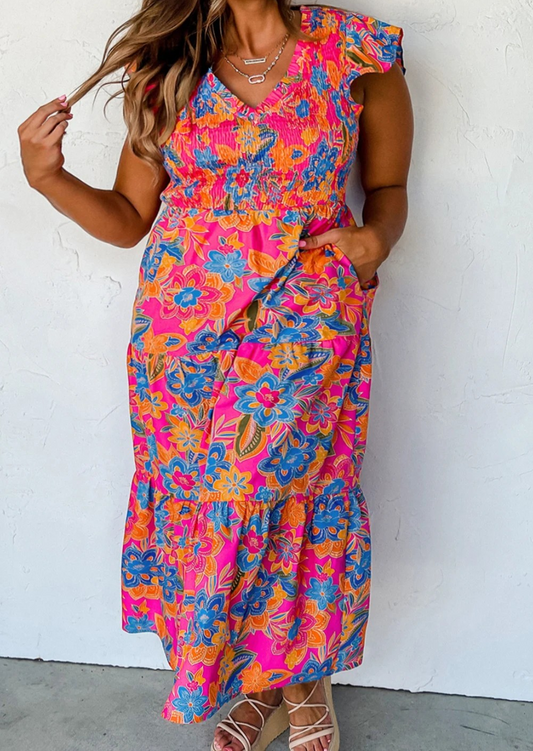 Boho Floral Print Ruffled Sleeveless Plus Size Maxi Dress