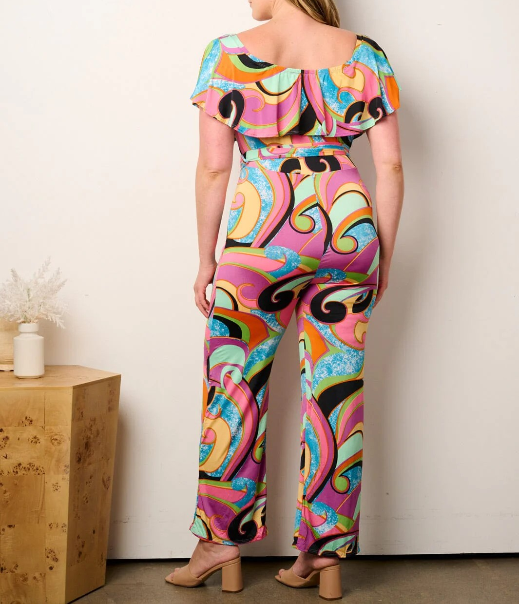 PLUS SIZE OFF SHOULDER RUFFLE SELF TIE MULTI PRINT WIDE LEG JUMPSUIT