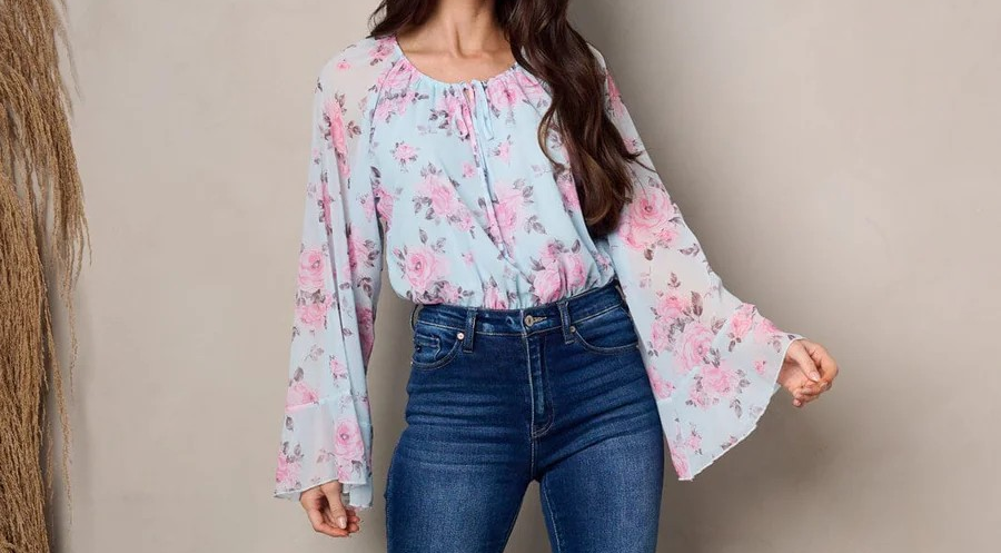 WOMEN'S LONG BELL SLEEVES FLORAL BODYSUIT