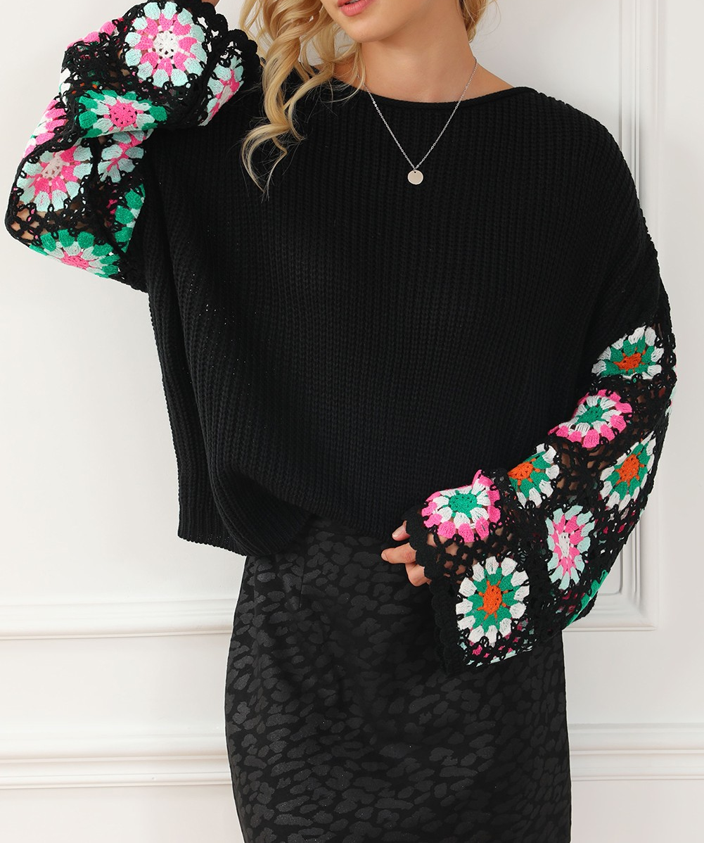 Black Floral Crochet Bell Sleeve Loose Sweater