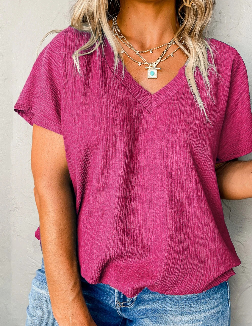 Solid Color V Neck Plus Size Blouse