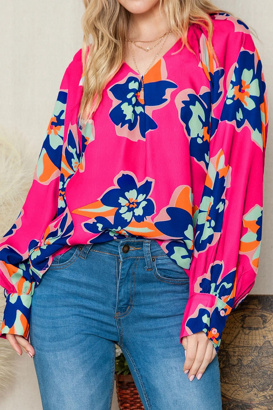 Rose Floral Print V Neck Puff Sleeve Blouse