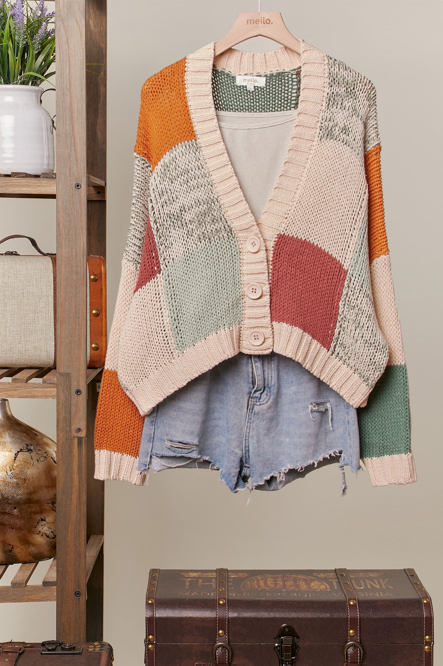 Color Block Crochet V Neck Cardigan