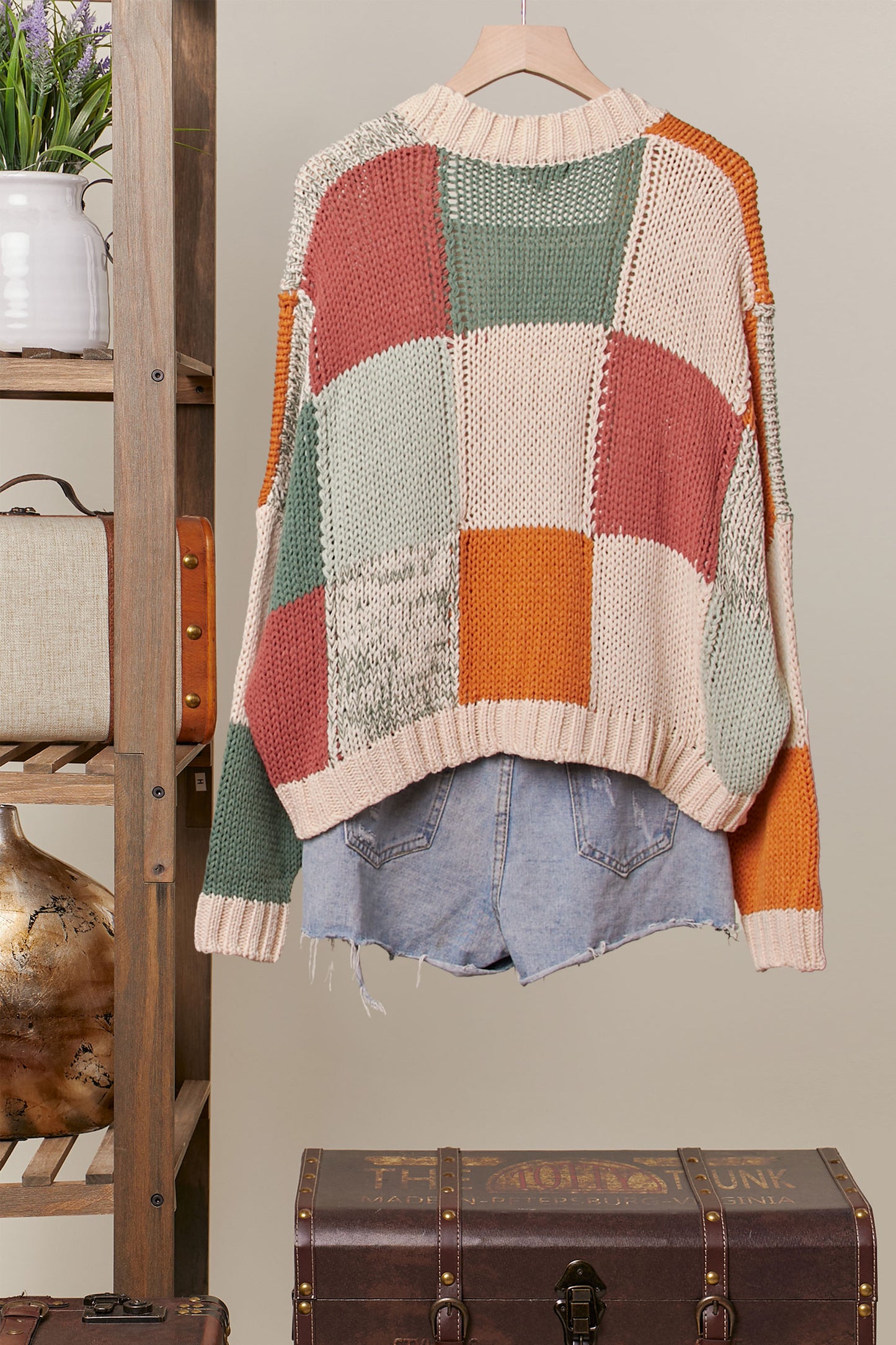 Color Block Crochet V Neck Cardigan