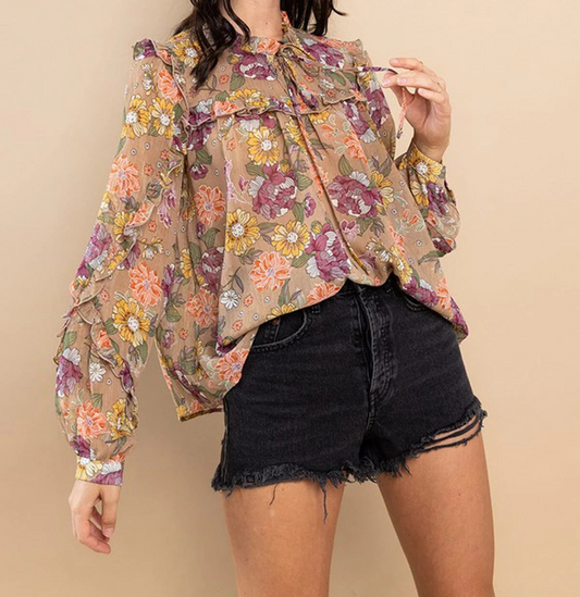 WOMEN'S LONG SLEEVE NECK-TIE RUFFLE FLORAL BLOUSE TOP