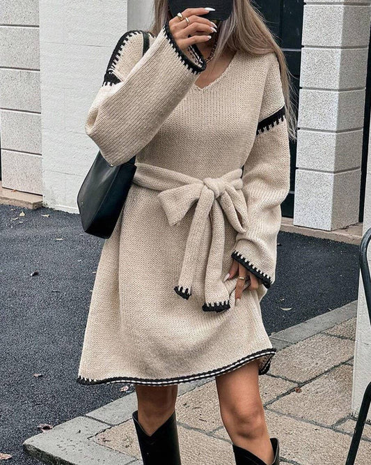 Lazy Style Tie V-Neck Long-Sleeve Knitted Dress