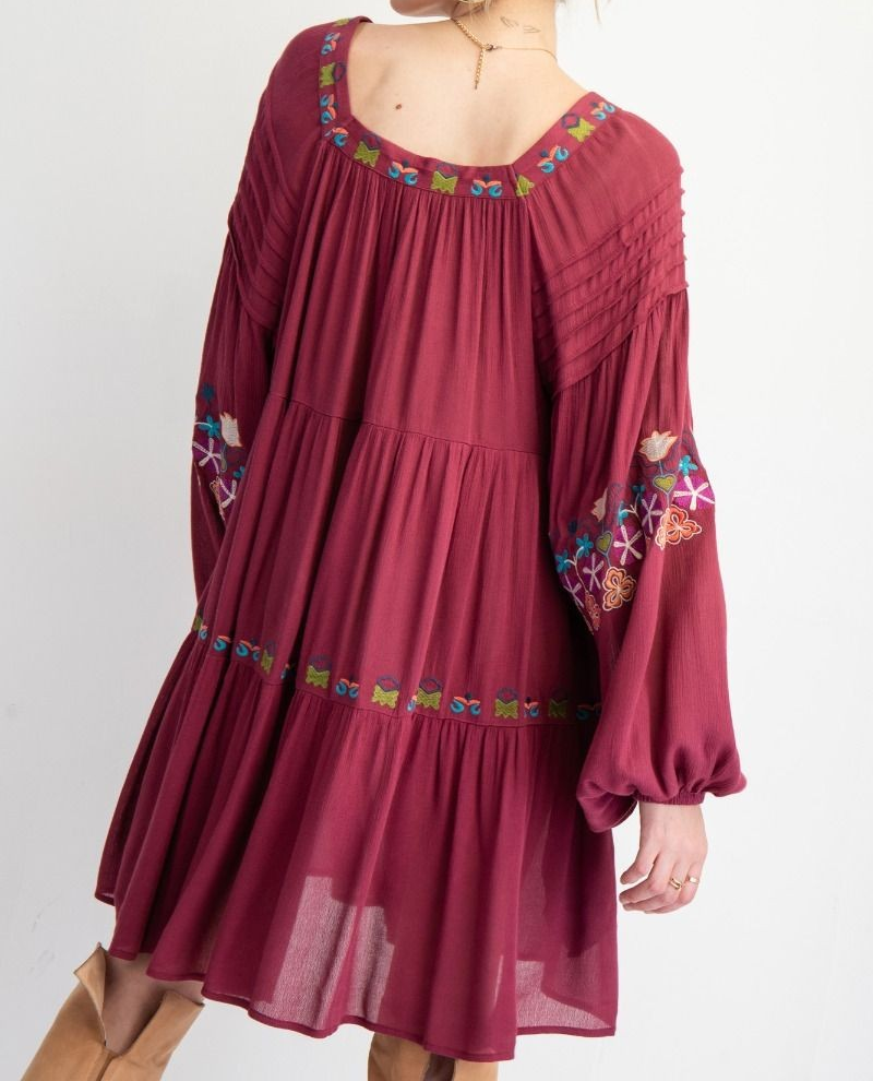 EMBROIDERY DETAILING RAYON GAUZE WOVEN DRESS