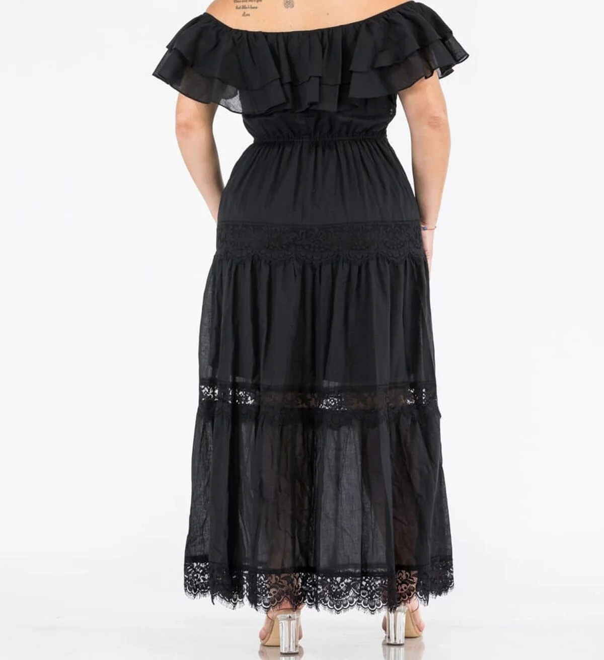 PLUS SIZE OFF SHOULDER RUFFLE LACE TIERED MAXI DRESS