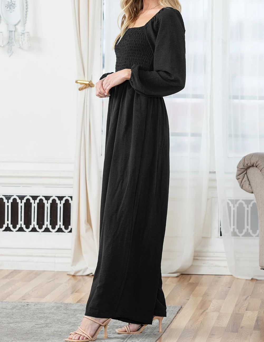 Black Smocked Square Neck Long Sleeve Wide Leg Jumpsuit