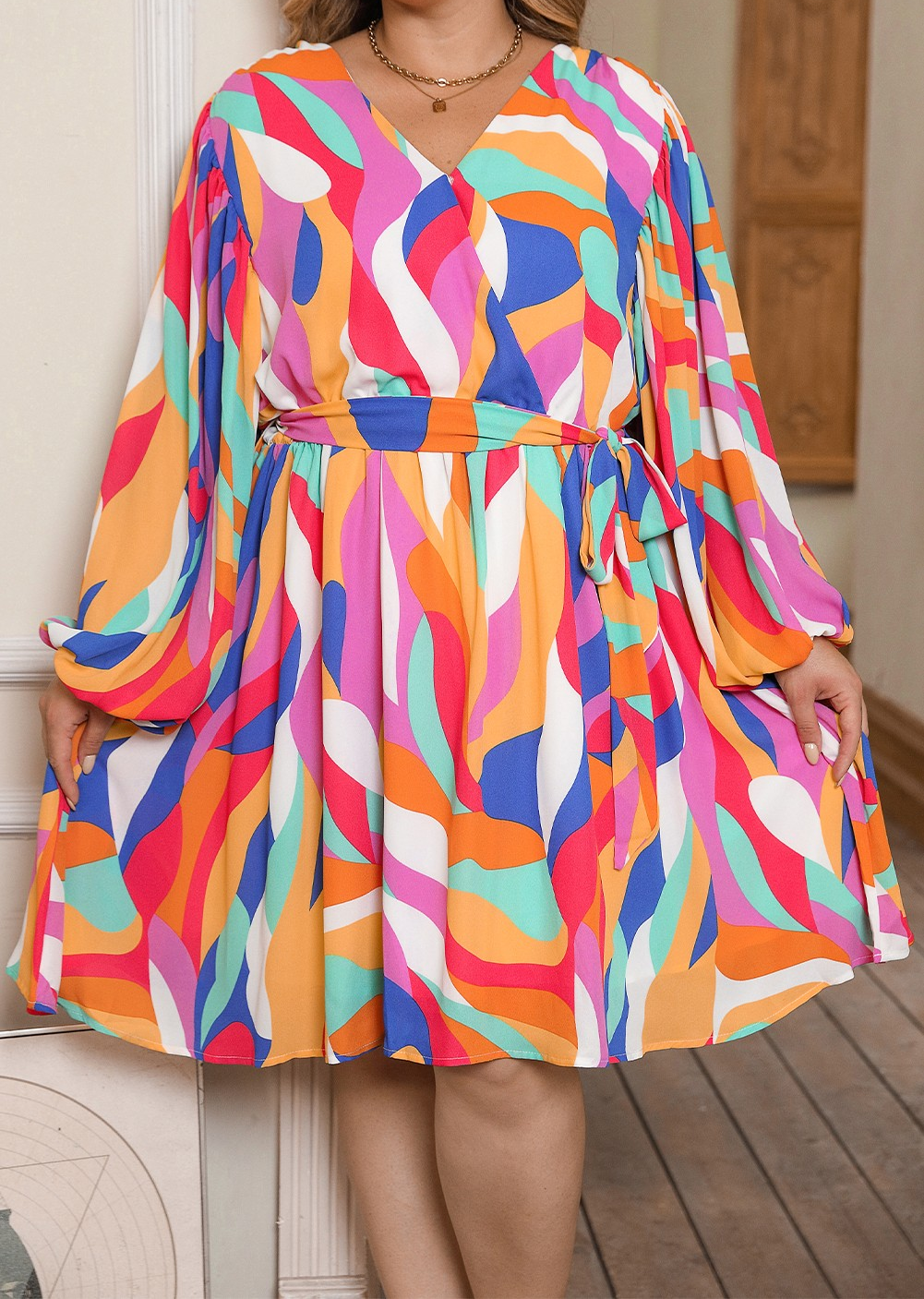 Plus Size Abstract Print Oversized Sleeve Belted Dress