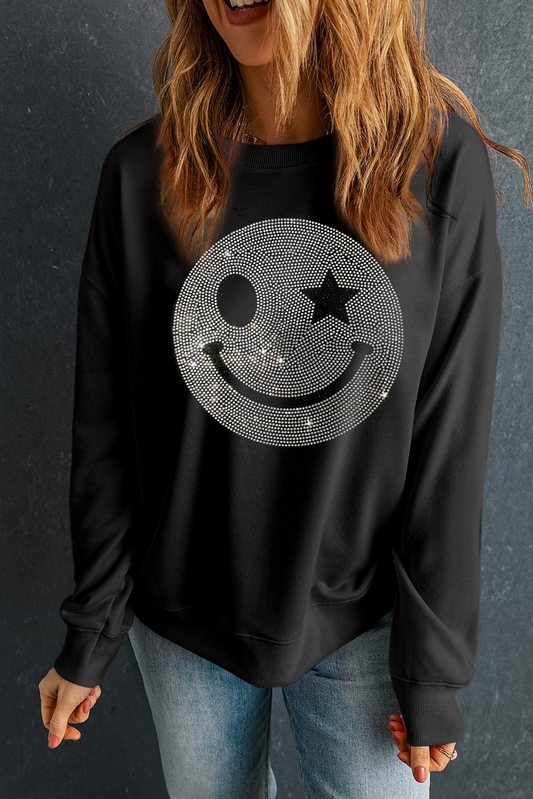 Black Rhinestone Smile Face Graphic Drop Shoulder Sweatshirt