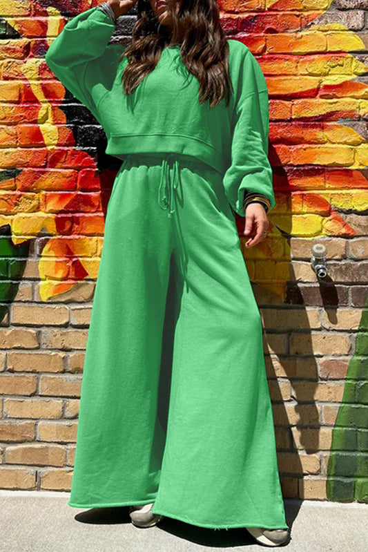 Bright Green Drop Shoulder Crop Pullover Drawstring Wide Leg Pants Set