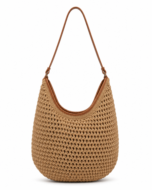 Straw Braided Leather Trim Shoulder Bag