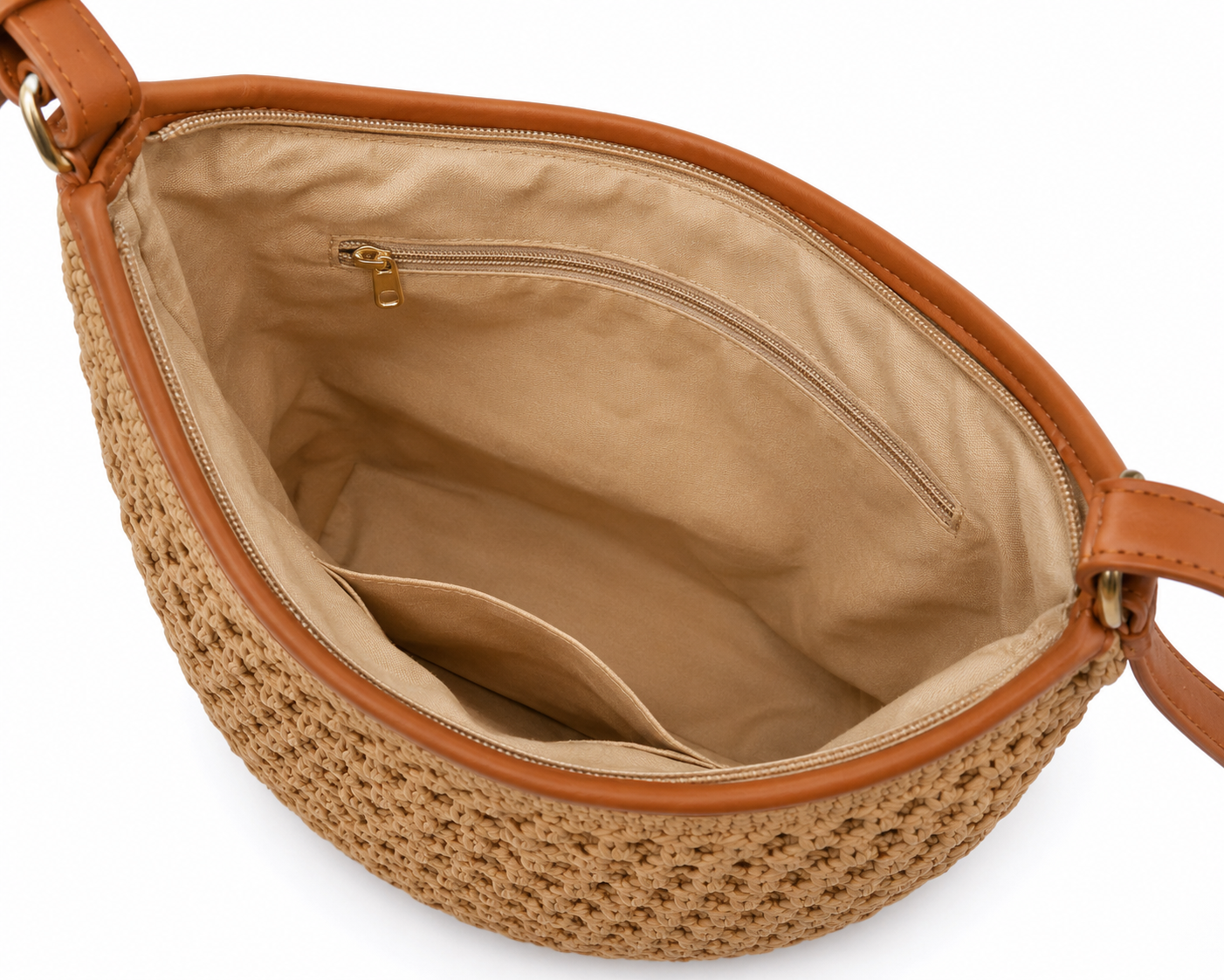 Straw Braided Leather Trim Shoulder Bag