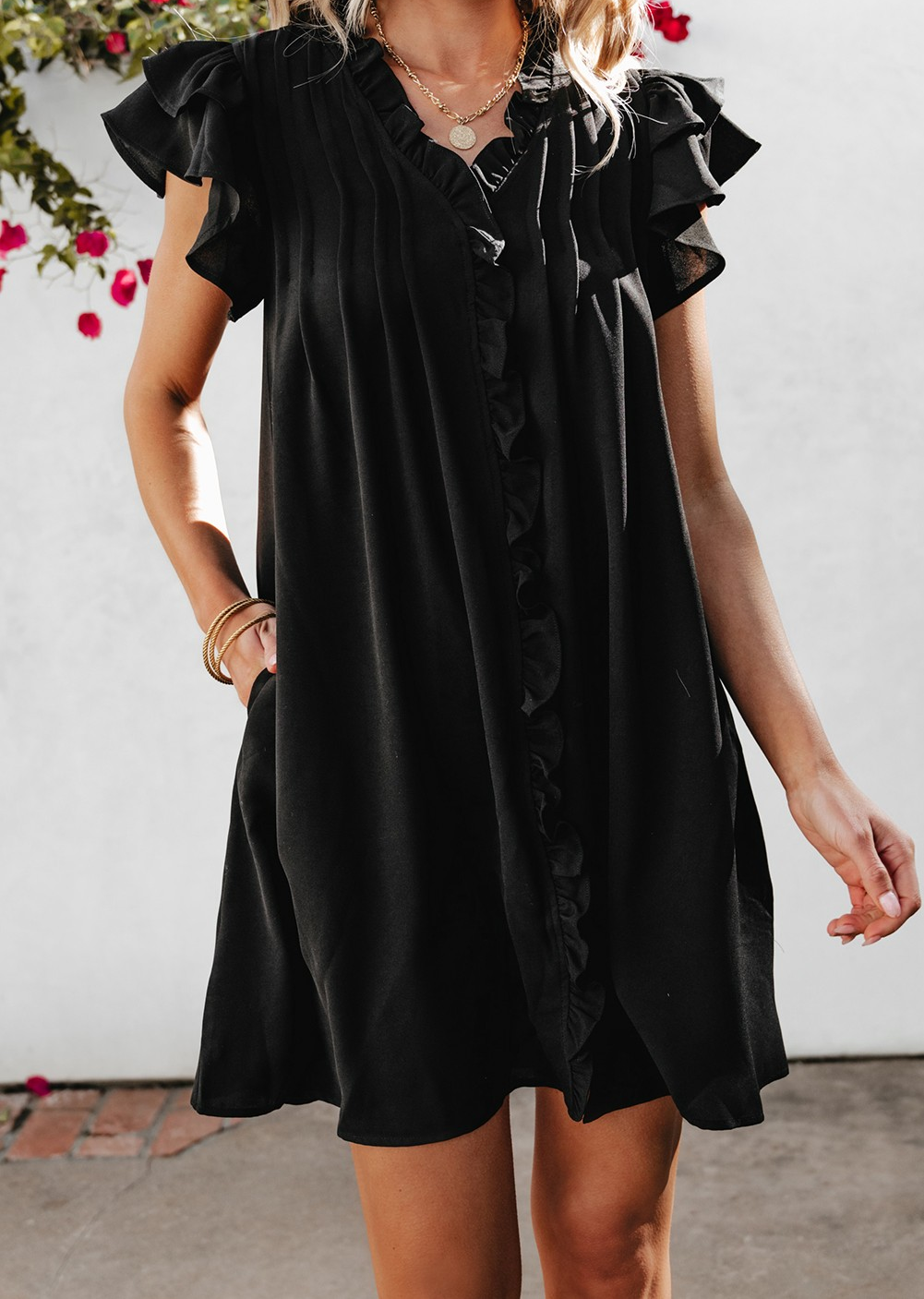 Ruffle Sleeve V Neck Frilled Shift Dress