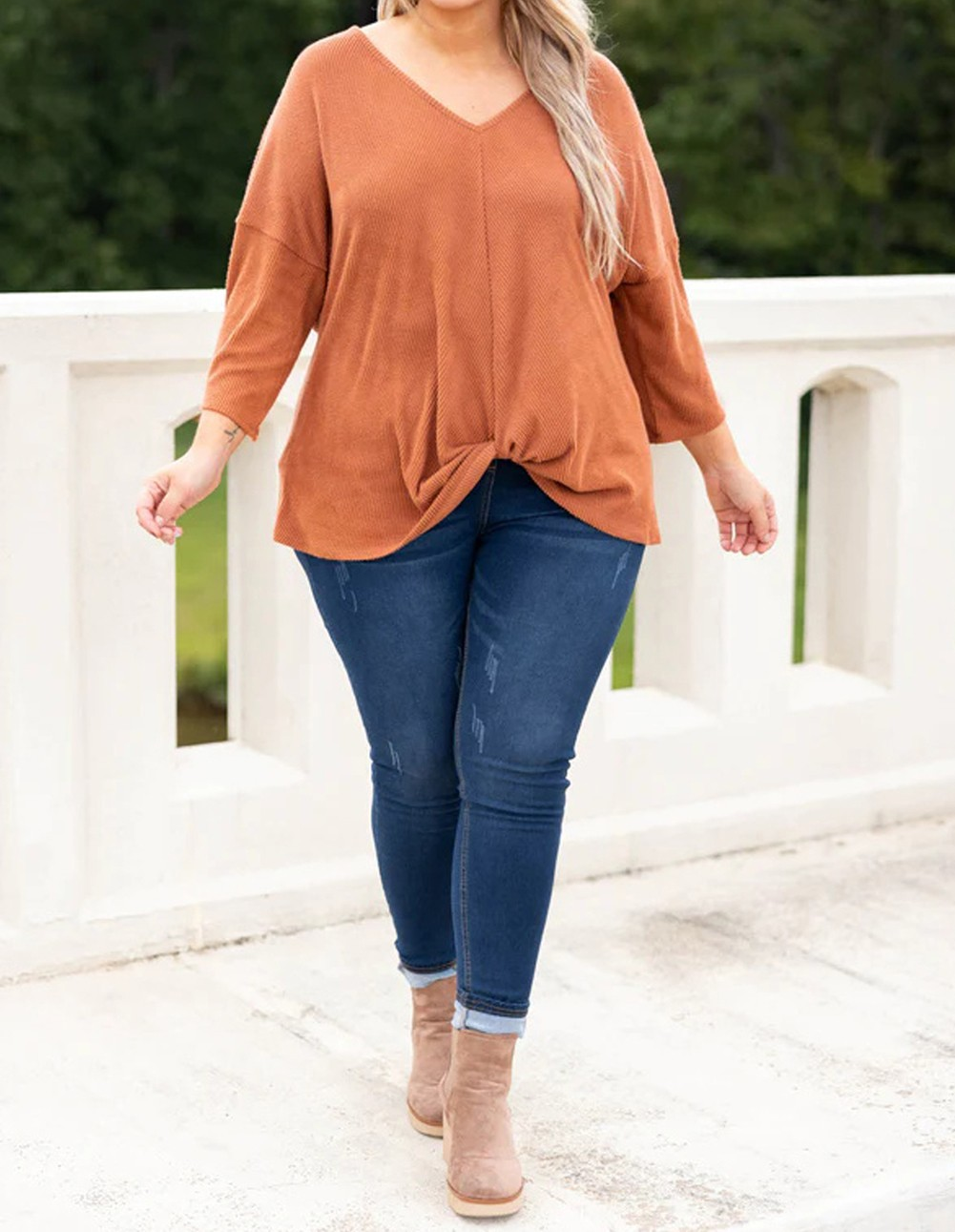 Plus Size Twist Hem Bracelet Sleeve Ribbed Top