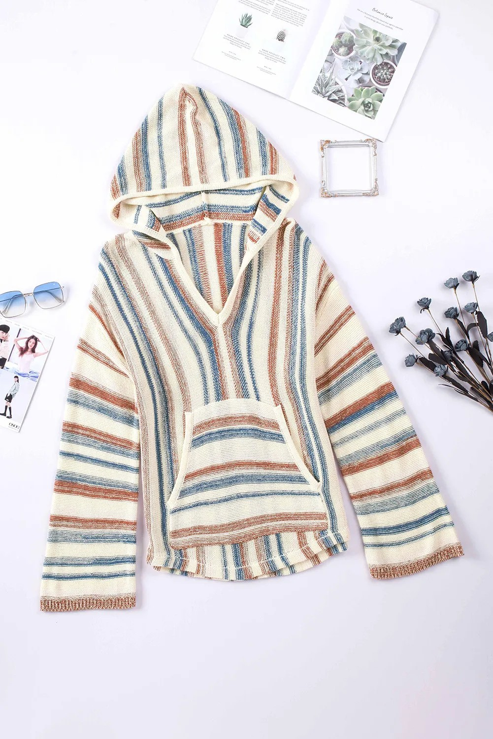 Multicolor Striped Knit Kangaroo Pocket Hooded Sweater