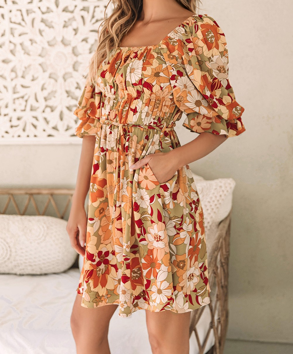 Ruffled Puff Short Sleeve Floral Dress