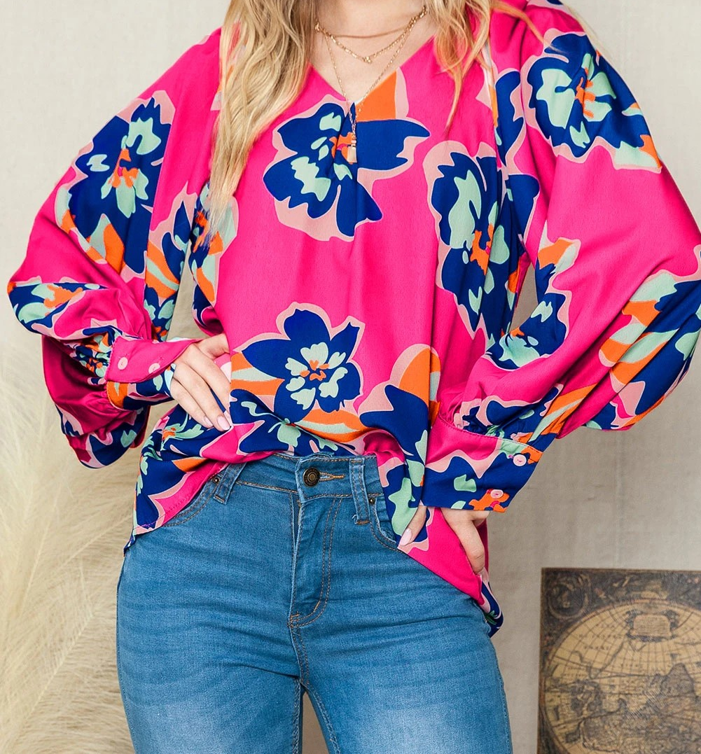 Rose Floral Print V Neck Puff Sleeve Blouse