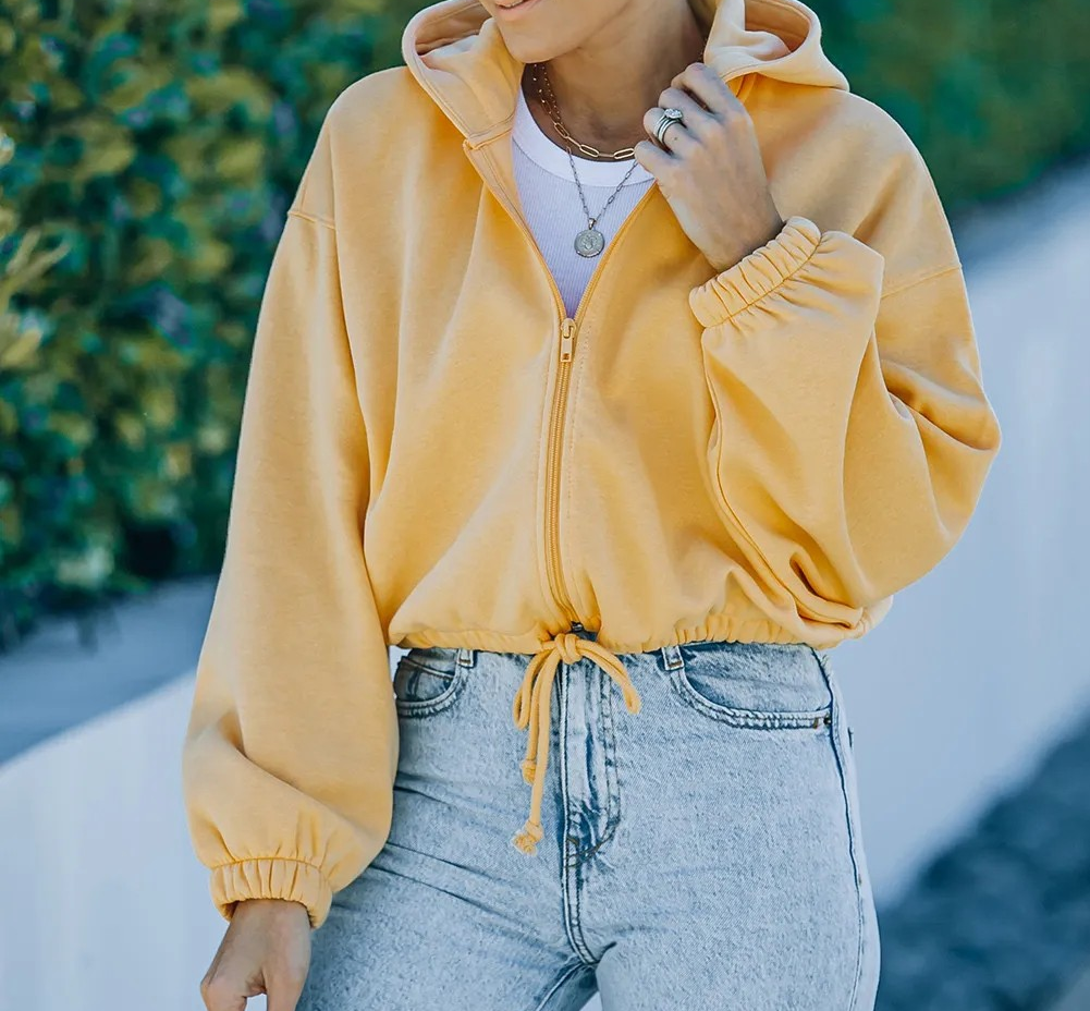 Yellow Zip Closure Drawstring Cinched Cropped Hoodie