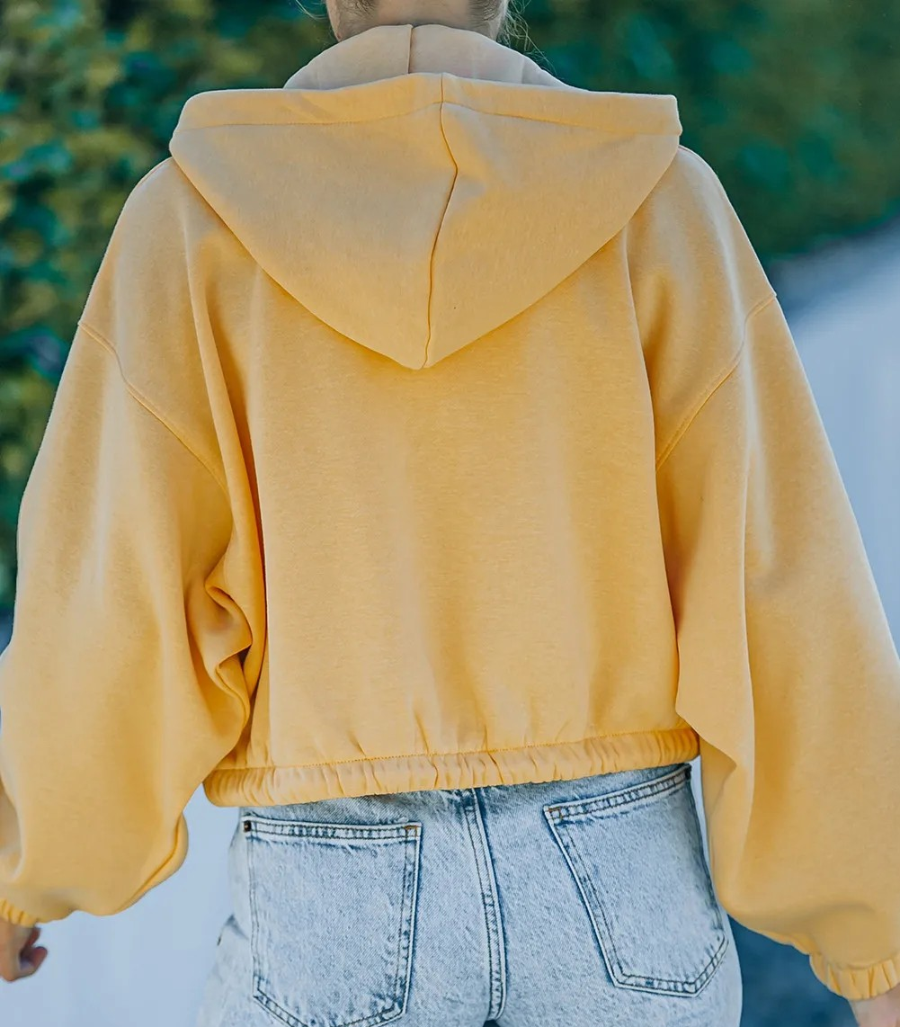 Yellow Zip Closure Drawstring Cinched Cropped Hoodie