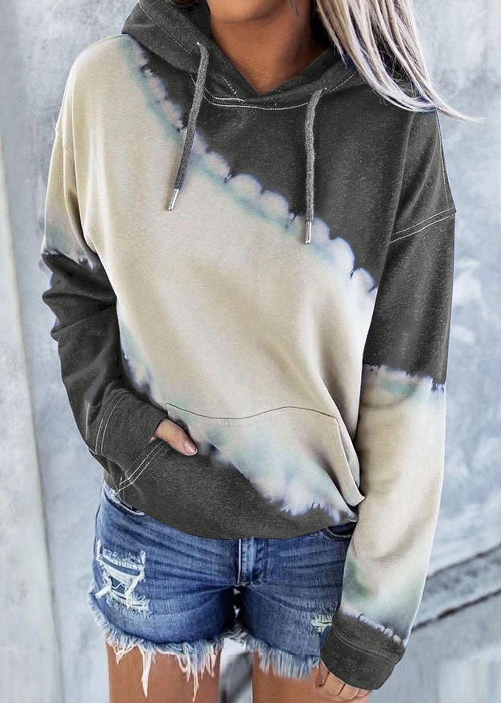 Gray Hooded Tie Dye Print Pocket Casual Sweatshirt