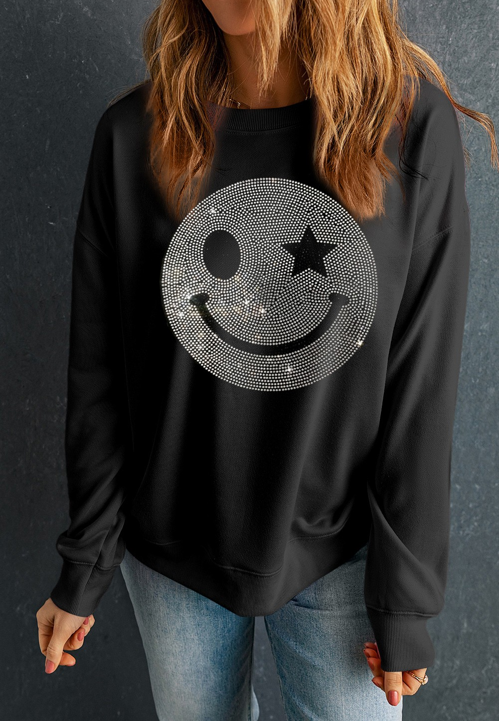 Black Rhinestone Smile Face Graphic Drop Shoulder Sweatshirt