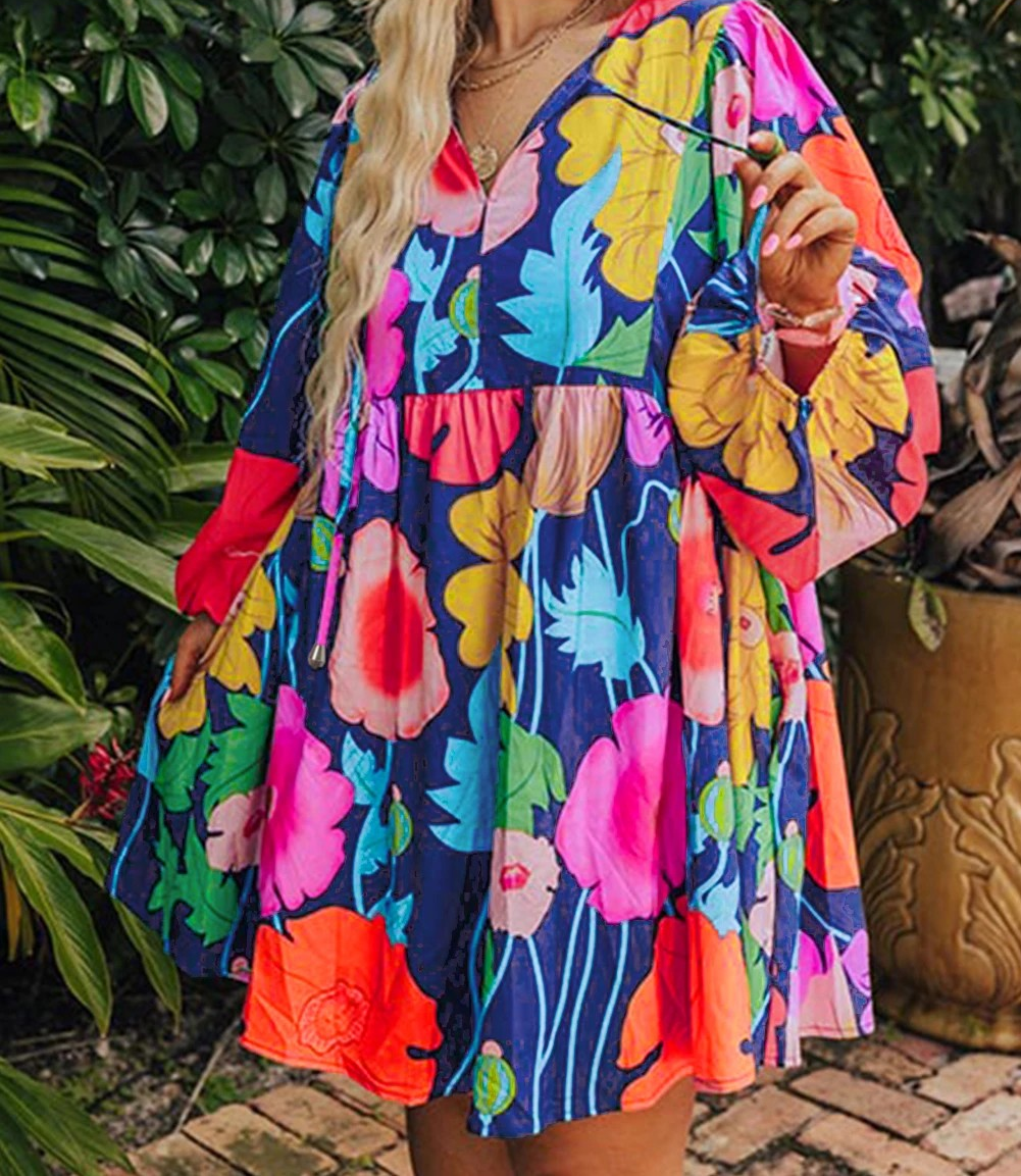 Colorful Floral V Neck Balloon Sleeve Plus Size Babydoll Dress