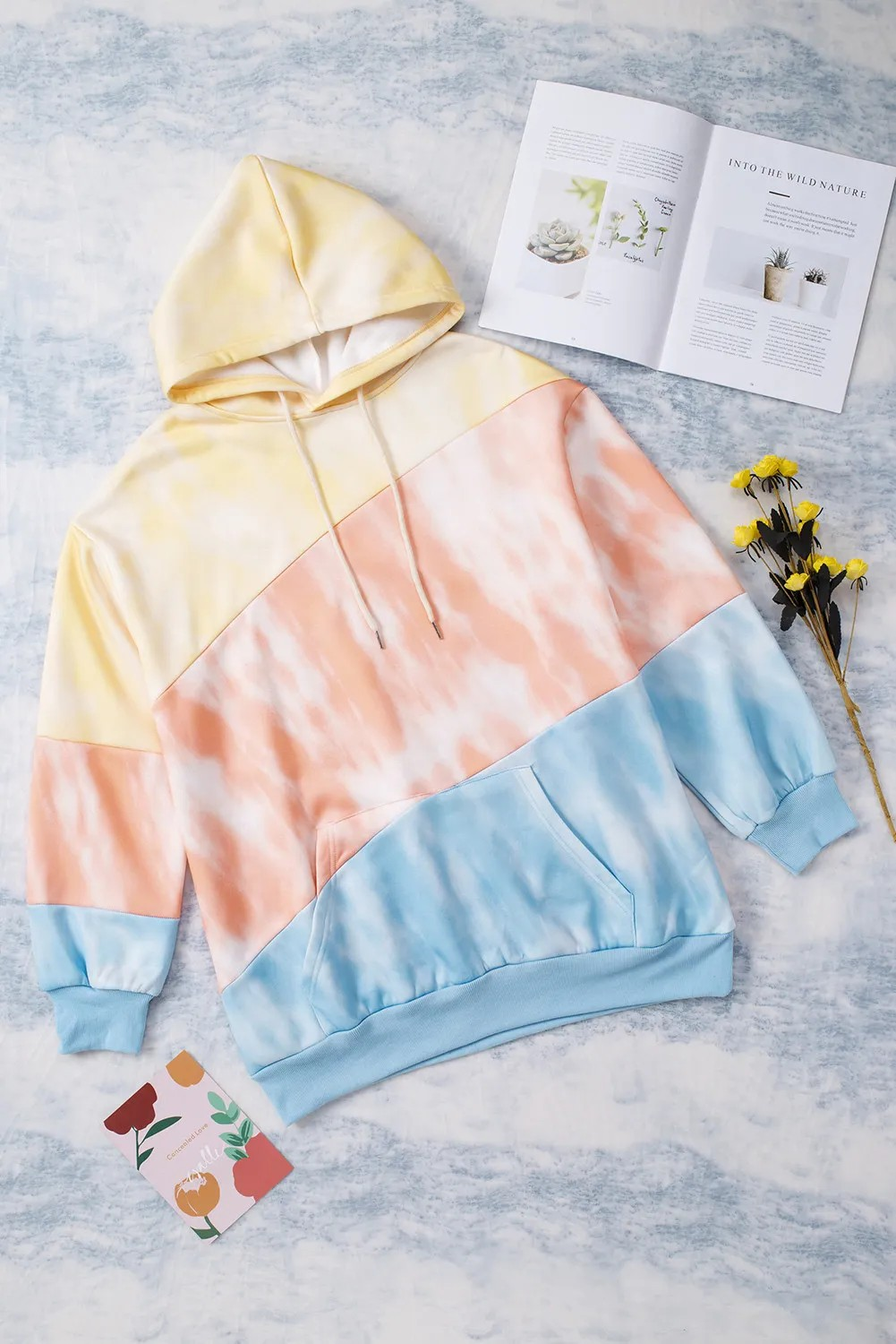 Sky Blue Colorblock Kangaroo Pocket Plus Size Hoodie