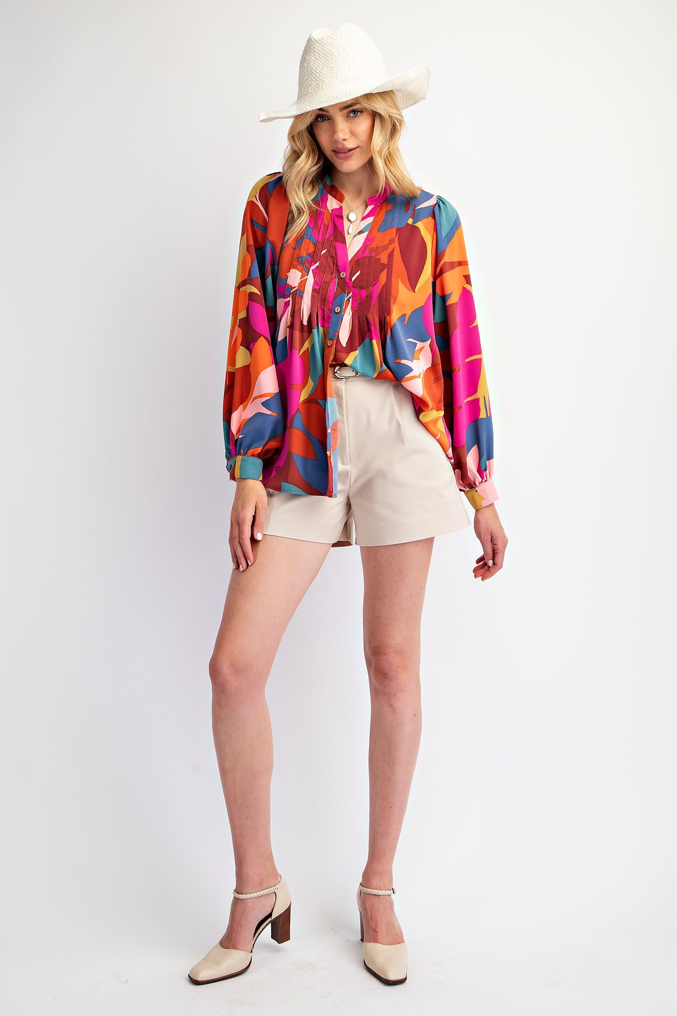 Abstract Leaf Print Pleated Button Down Top