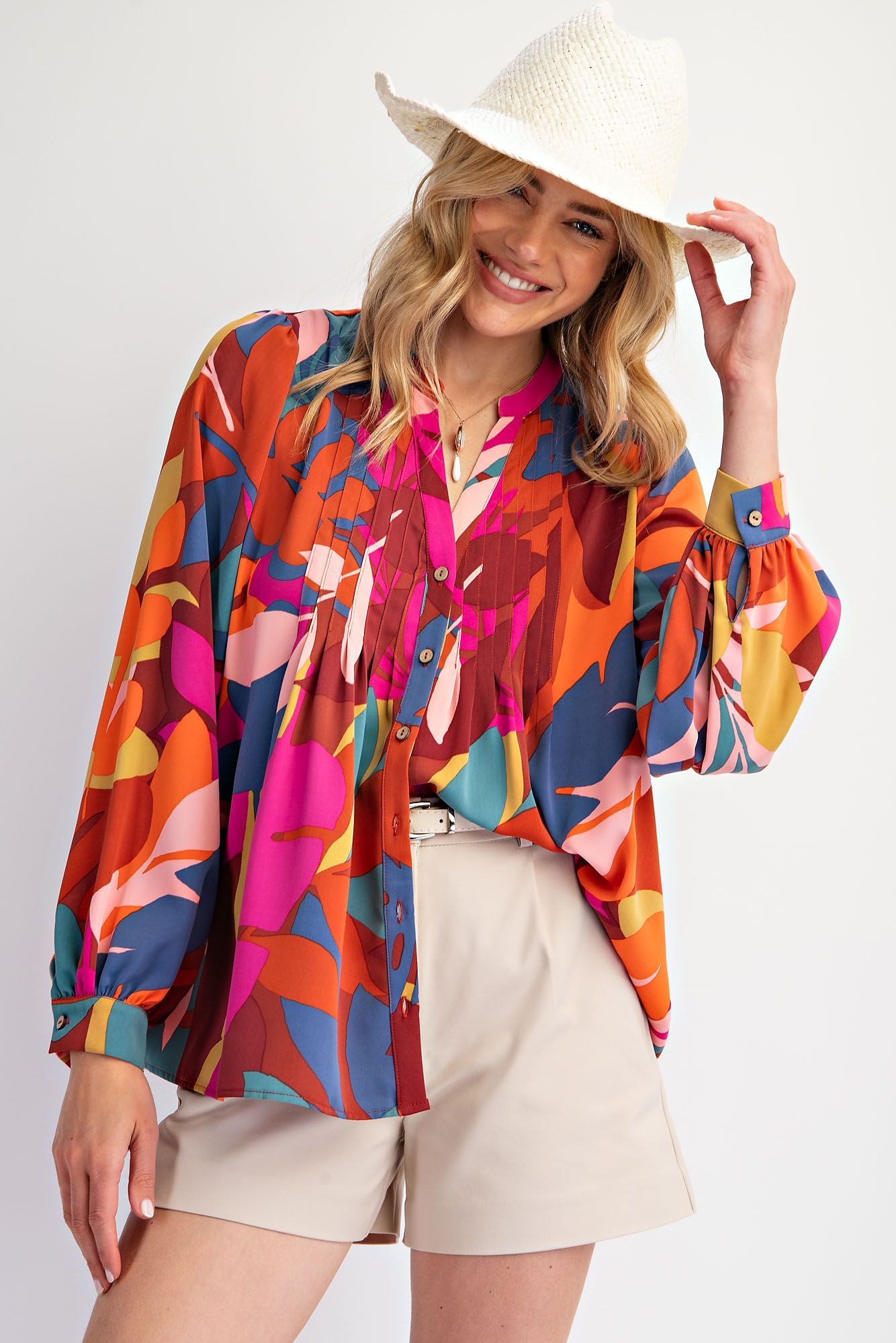 Abstract Leaf Print Pleated Button Down Top
