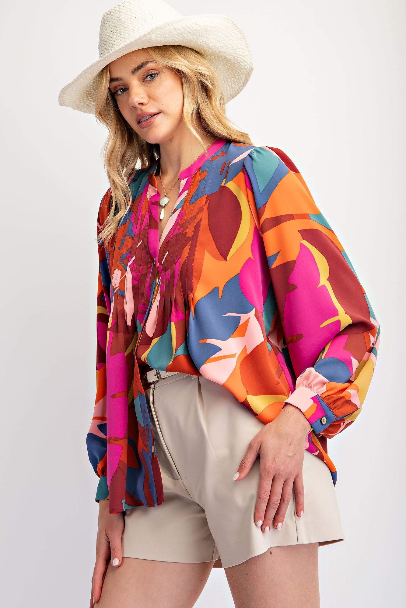Abstract Leaf Print Pleated Button Down Top