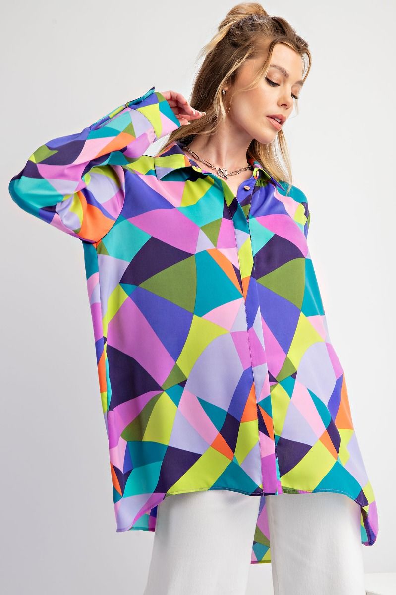 Plus Size Mirabelle Geo Print Satin Button Down Shirt