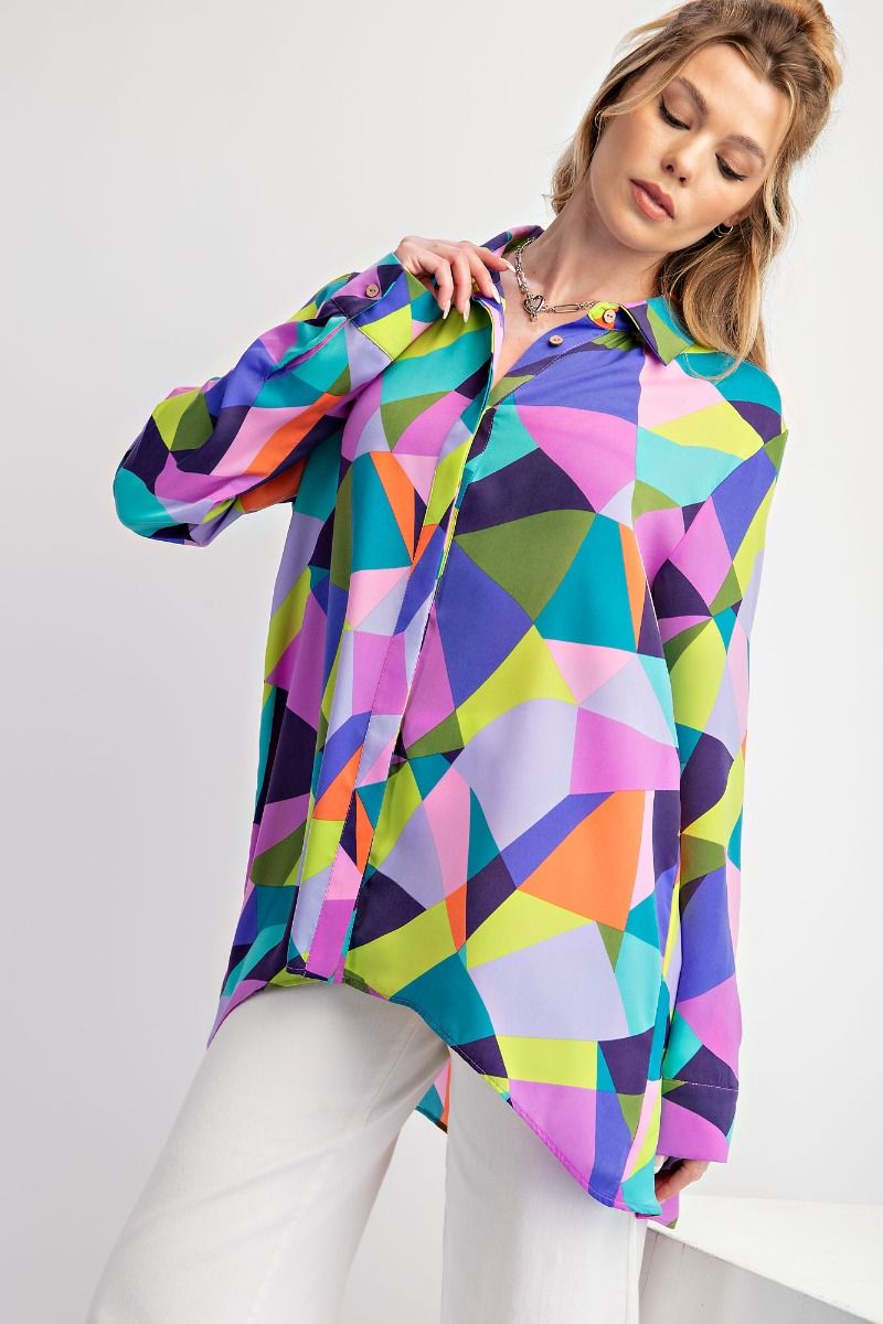 Plus Size Mirabelle Geo Print Satin Button Down Shirt