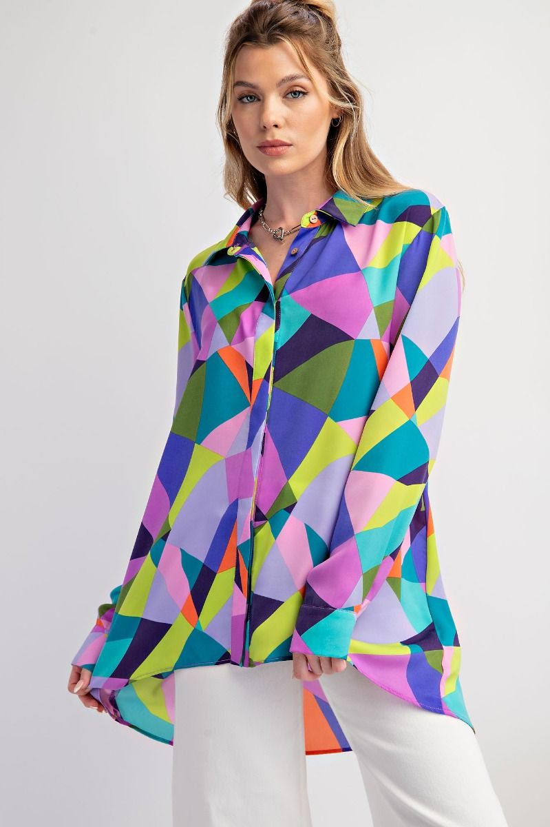 Plus Size Mirabelle Geo Print Satin Button Down Shirt