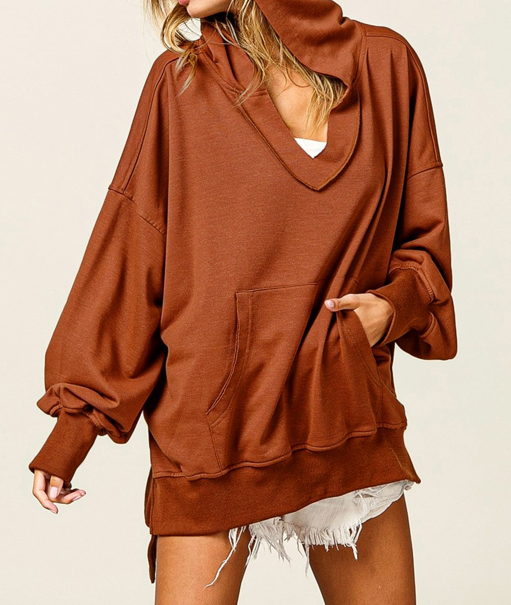 Chestnut V Neck Kangaroo Pocket Oversized Hoodie