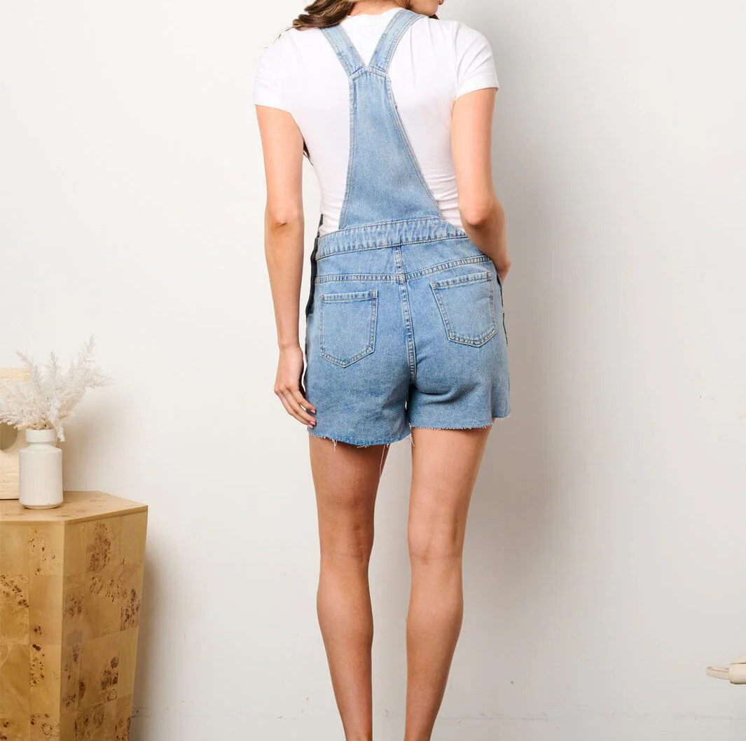 WOMEN'S SLEEVELESS POCKETS CLOUDS PRINT DISTRESS DENIM OVERALL