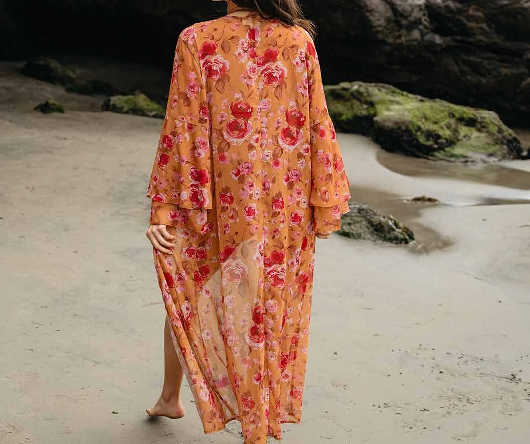 WOMEN'S RUFFLE SLEEVE OPEN FRONT FLORAL KIMONO