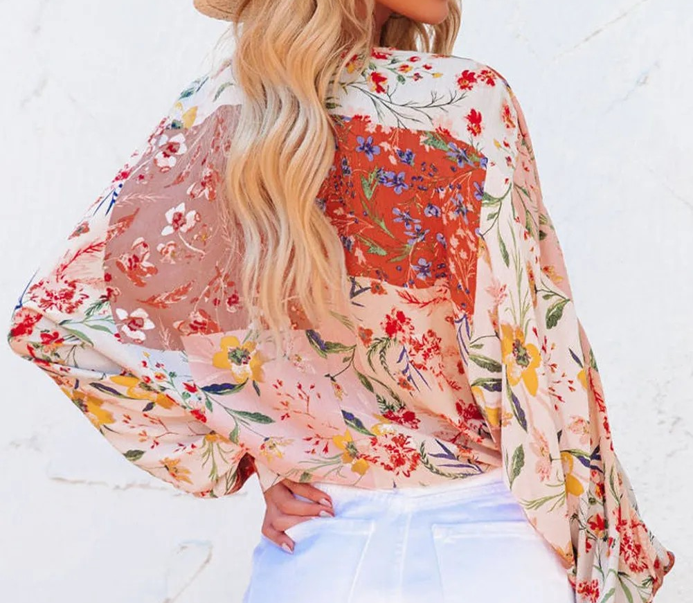 Multicolor Floral Print Patchwork Wrap V Neck Blouse