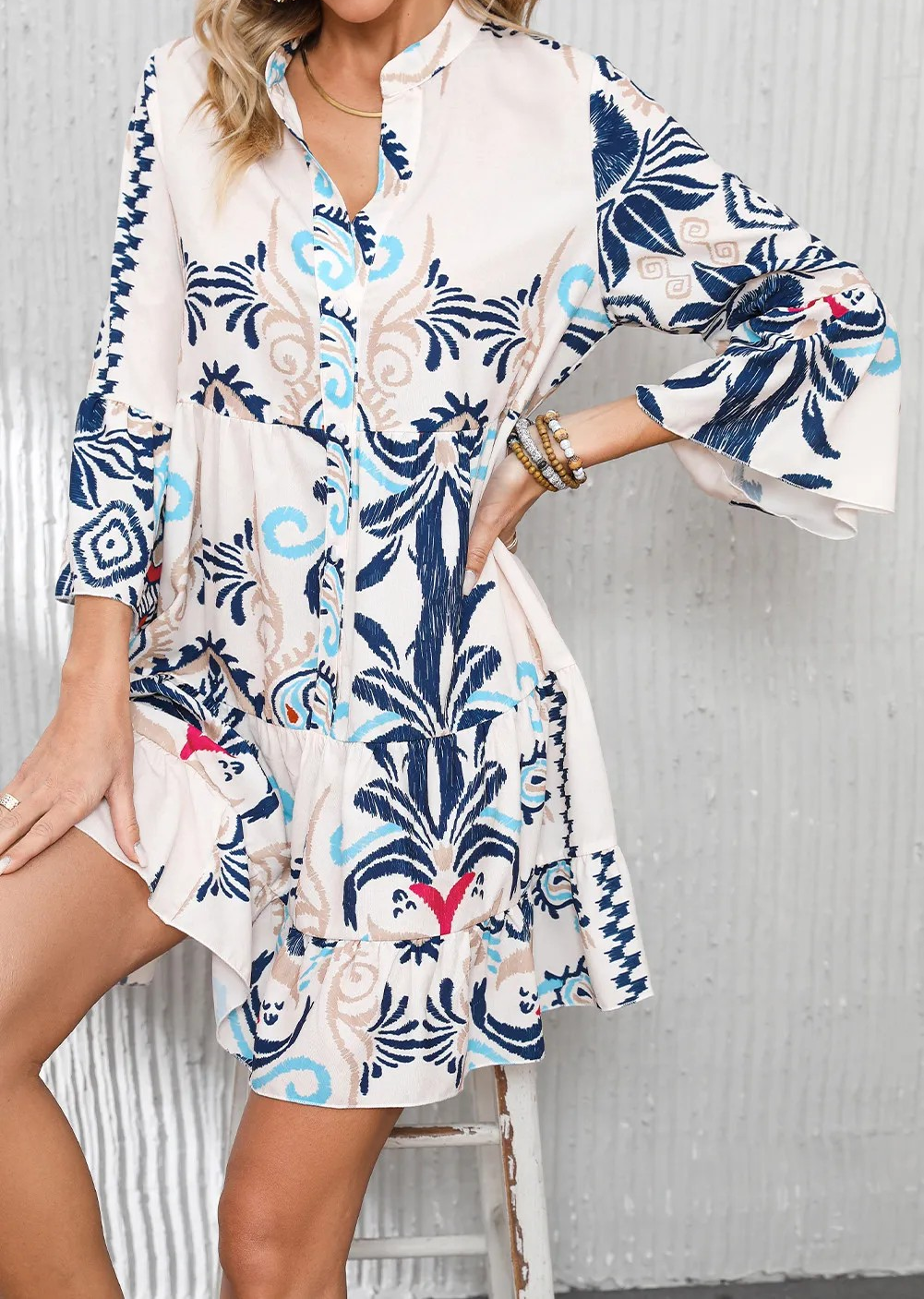 White Printed Tribal Print Bracelet Sleeve Buttoned Mini Dress