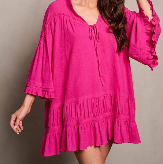 WOMEN'S 3/4 RUFFLE SLEEVE V-NECK TIERED HOODED TUNIC TOP