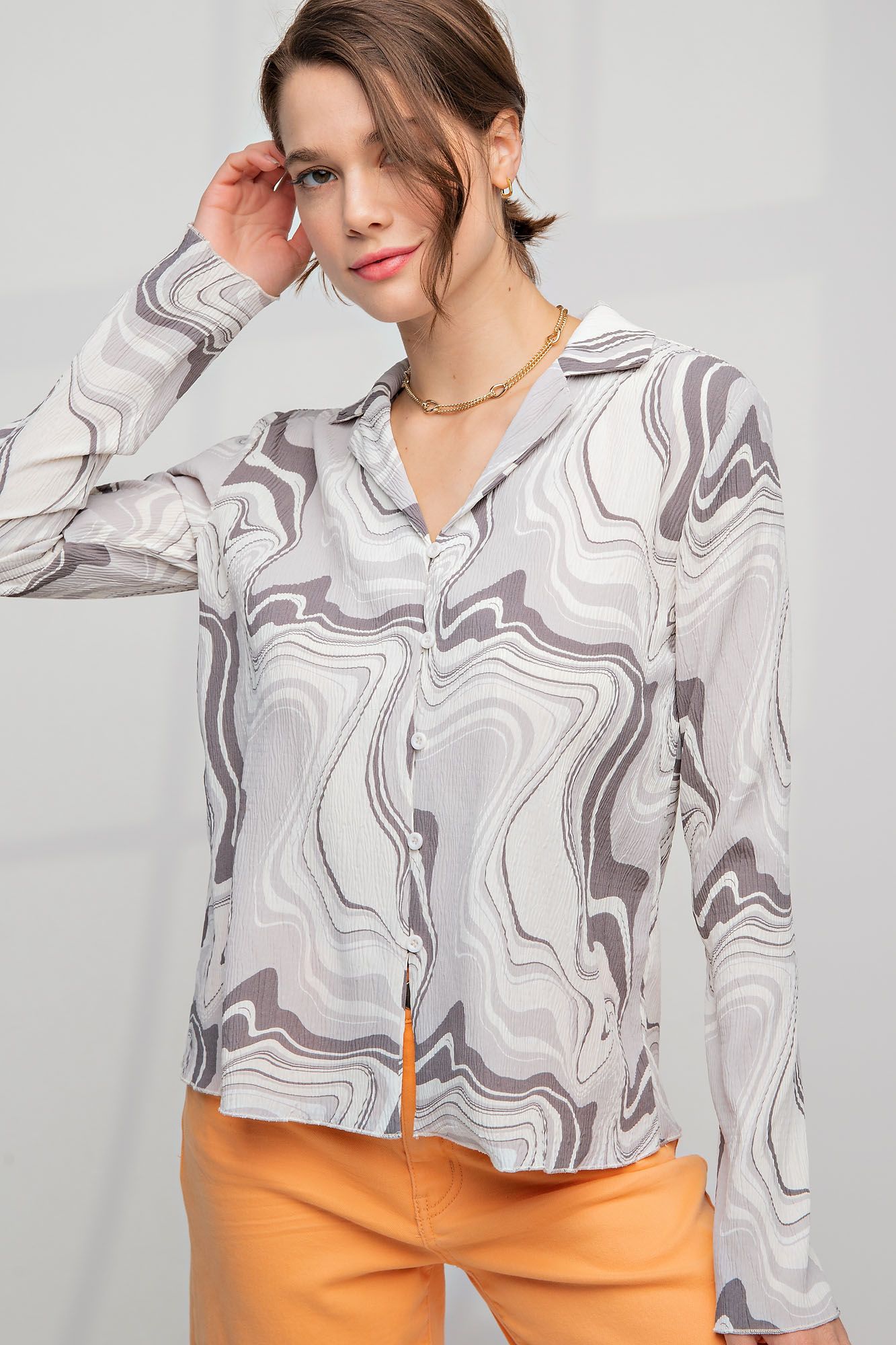 Marble Printed Pleated Button Down Shirt