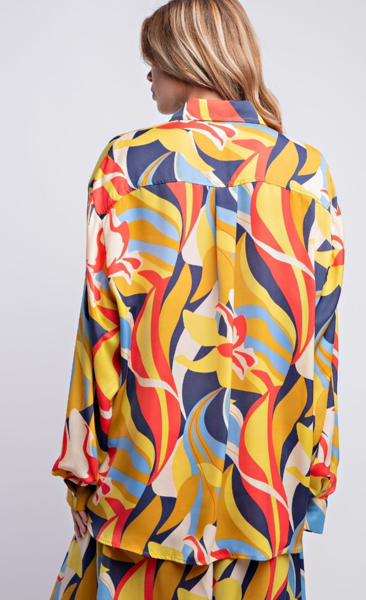 Bold & Breezy Abstract Print Button-Up Top