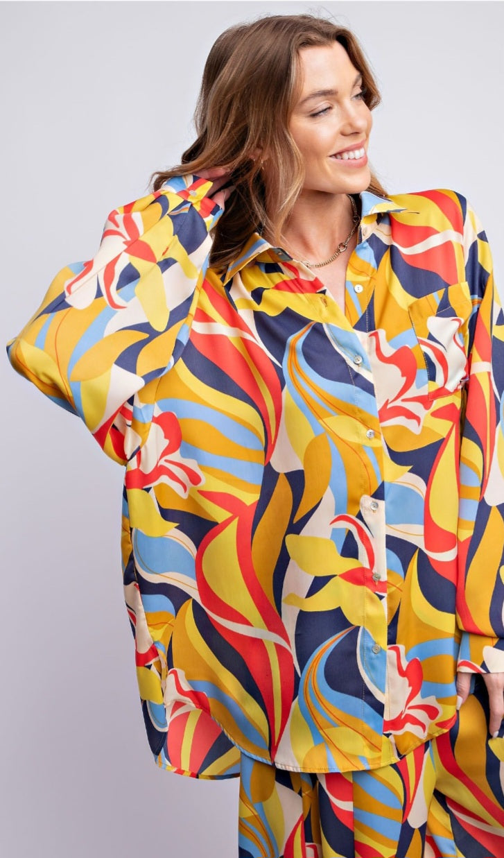 Bold & Breezy Abstract Print Button-Up Top