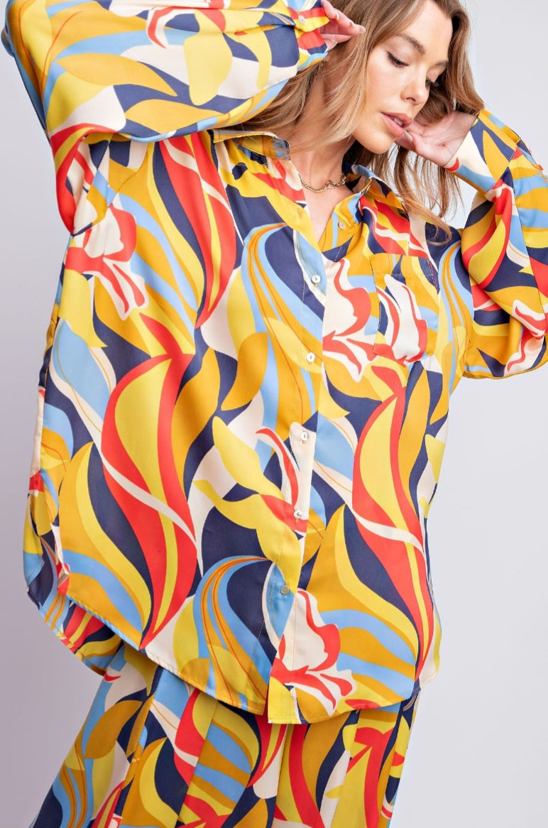 Bold & Breezy Abstract Print Button-Up Top